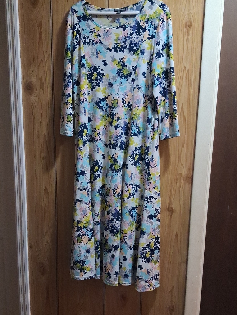 Nina Leonard Floral Midi Dress in Navy, Light Blue, Yellow and Pink